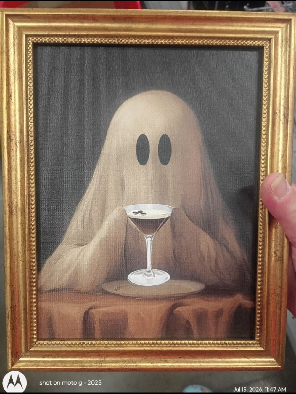 Ghost with Martini Framed Wall Art - Beige and Gold